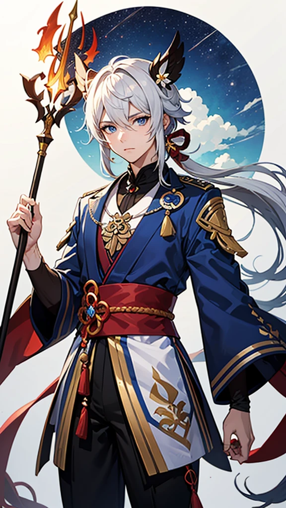 genshin impact style character, anime style, coming from Natlan, androgynous and handsome chico, femboy, White hair, blue eyes, pyro vision hanging from a handkerchief he holds in his hand, In his other hand he holds a thin spear shaped like a Condor., Their clothes are traditional Chilean style., her long hair worn in a bun is decorated with copihues, high quality 4k wallpaper, rendering, rendering súper detallado, 2D