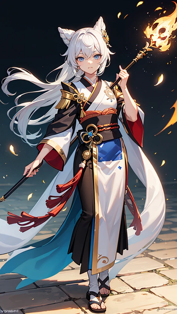 genshin impact style character, anime style, coming from Natlan, androgynous and handsome chico, femboy, White hair, blue eyes, pyro vision hanging from a handkerchief he holds in his hand, In his other hand he holds a thin spear shaped like a Condor., Their clothes are traditional Chilean style., her long hair worn in a bun is decorated with copihues, high quality 4k wallpaper, rendering, rendering súper detallado, 2D
