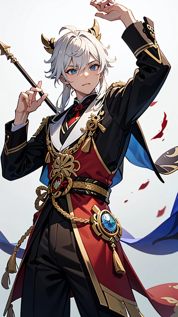 genshin impact style character, anime style, coming from Natlan, androgynous and handsome chico, femboy, White hair, blue eyes, pyro vision hanging from a handkerchief he holds in his hand, In his other hand he holds a thin spear shaped like a Condor., Their clothes are traditional Chilean style., her long hair worn in a bun is decorated with copihues, high quality 4k wallpaper, rendering, rendering súper detallado, 2D