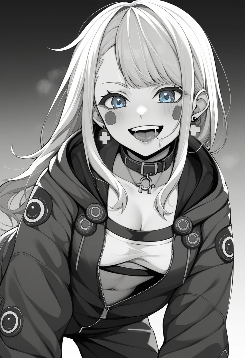 (masterpiece:1.2)、Highest quality、PIXIV、Rebellious girl、One girl、Open your mouth、鋭いteeth、teeth、Long Hair、Street background、gem、badge、ボタンbadge、Food、Bright blue eyes、Earrings、Jacket、eyelash、Foodを下にして、Upper Body、Characters in clothes、zipper、collar、cable、chain、Stickers、hoodie、smile、Focus on the viewer、Chest in the center、Shoulder Bare、Belly button、Black and white hair color,leaning forward,Cyberpunk city,Night view,Black and white grey outfit,Overflowing drool、saliva、White Breath、Sigh