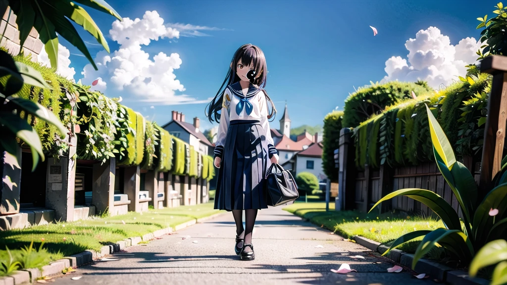 (masterpiece), town, blue sky, One Girl, smile, alone, Sailor suit、Long skirt, Overgrown, petal, plant、Skirt lining、Translucent slip、nostalgic、Black Pantyhose