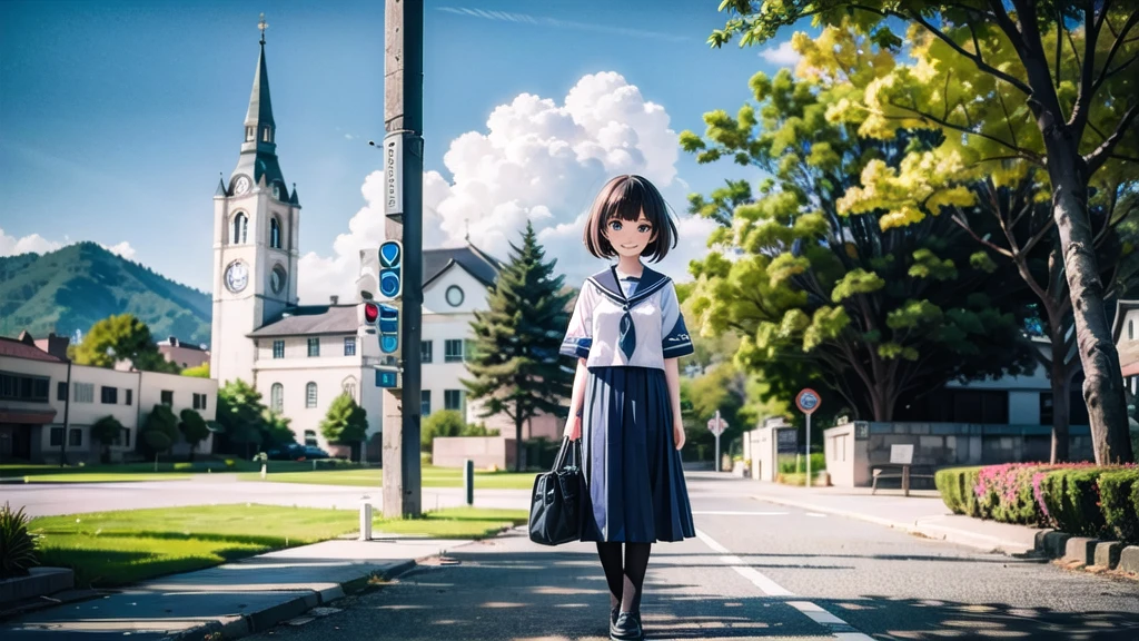 (masterpiece),  town,  blue sky,  One Girl,  smile,  alone,  Sailor suit、Long skirt,  Overgrown,  petal,  plant、Skirt lining、Translucent slip、nostalgic、Black Pantyhose