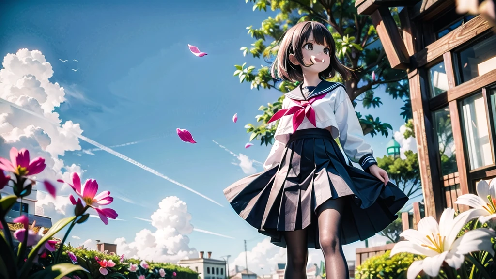 (masterpiece), town, blue sky, One Girl, smile, alone, Sailor suit、Long skirt, Overgrown, petal, plant、Skirt lining、Translucent slip、nostalgic、Black Pantyhose