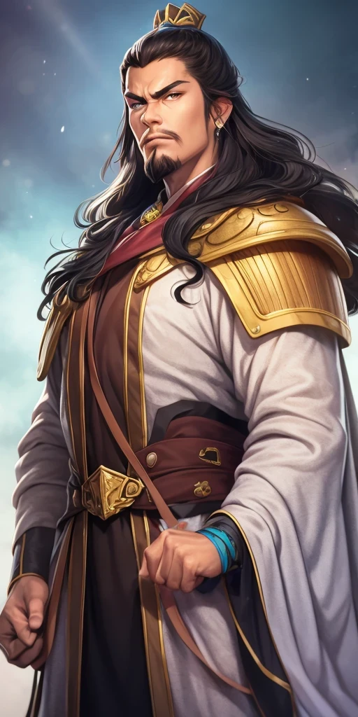 beautiful young man, (platinum hair), ((very long curly hair)), perfect face, extreme detail, charming oval face, glowing skin, detailed hair, face focus, (The elaborately crafted coat of arms of a nobleman),Black hair short hair,big black eyes,clear eye description, delicate hands, Perfect hand shape, character art, action pose,masterpiece,Realistic RAW photos of the highest quality,bright colors,rich colors, backlight, movie lights, film grain,50mm lens