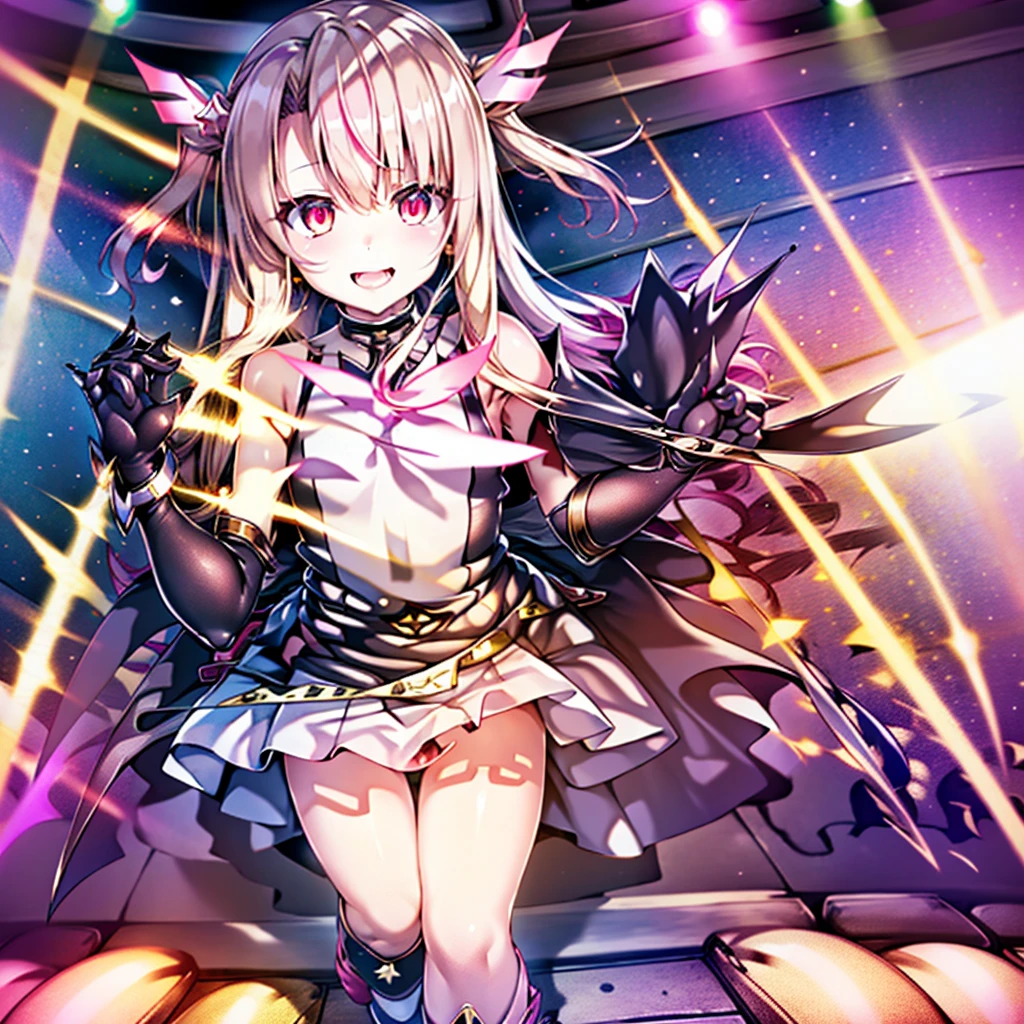 (One Girl:1.2), (alone:1.2), Tabletop, Hmph、Shaders、8K、(Official Art:1.1)、Very fine eye、The extremely complex pupil in the eye、Highest quality、upon、Primary school stude(Magical Girl Clothes)))、(Evil Depravity:1.1)、(Black Costume:1.2)、Character portrait、tight, Long gloves、Knee-high boots、Twin tails、Hair length、Pink Hair、A seductive smile、Pink blush、Open your mouth、on stage、Idol Stage、Kneel on the floor、((Skirt flip:1.5))、Pure white pants、Panty shot、(Browsing Caution:2)、