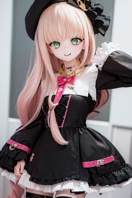 ((highest quality)), ((masterpiece)), (absurd detail), kukolnydom, doll, ciel_synduality_noir, pink hair, green eyes, long hair, blunt bangs, solo, dynamic pose, seductive smile, museum, 8k