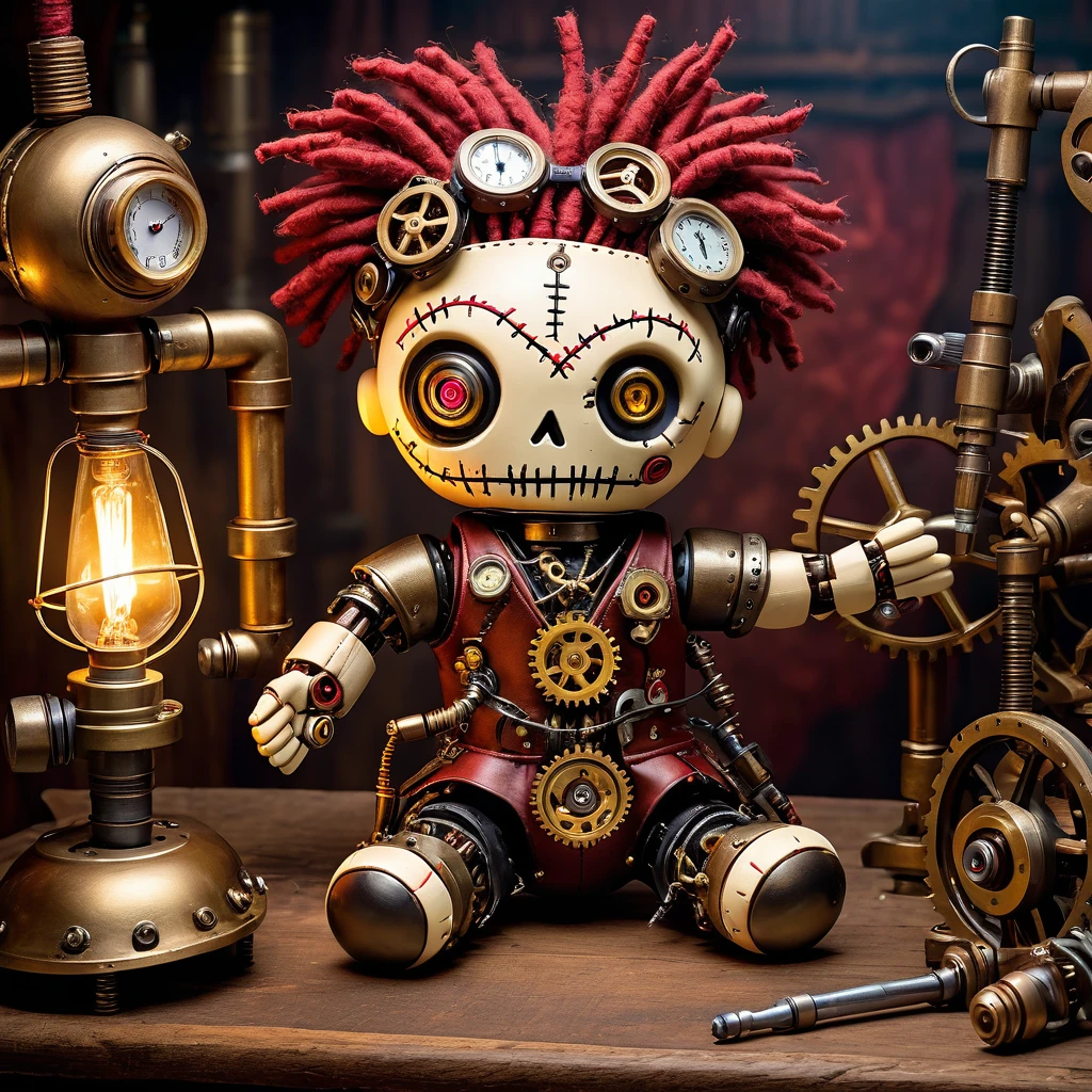 (knitted toy voodoo doll:1.7), (Voodoo Mechanical Master:1.8), (Clothing: steampunk attire with gears and cogs:1.0), (Accessories: mechanical arm, brass goggles, steam-powered contraptions:1.2), (Background: industrial workshop with whirring machines and billowing steam:1.2), (full body:1.0), best quality, masterpiece, detailed soft oil painting, detailed background, dramatic cinematic lighting, soft edge lighting, professional, dramatic lighting, hard edge lighting, ultra quality, 4k, masterpiece, best quality, 8k, ultra high definition, high resolution, extremely detailed
