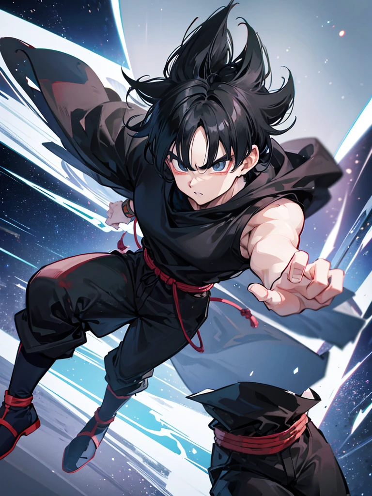 An adult boy, black hair, black eyes, designed in the style of Dragon Ball Z, holding a black photo in a space environment.