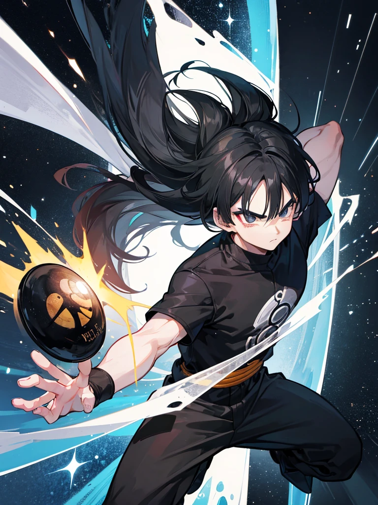 An adult boy, black hair, black eyes, designed in the style of Dragon Ball Z, holding a black photo in a space environment.