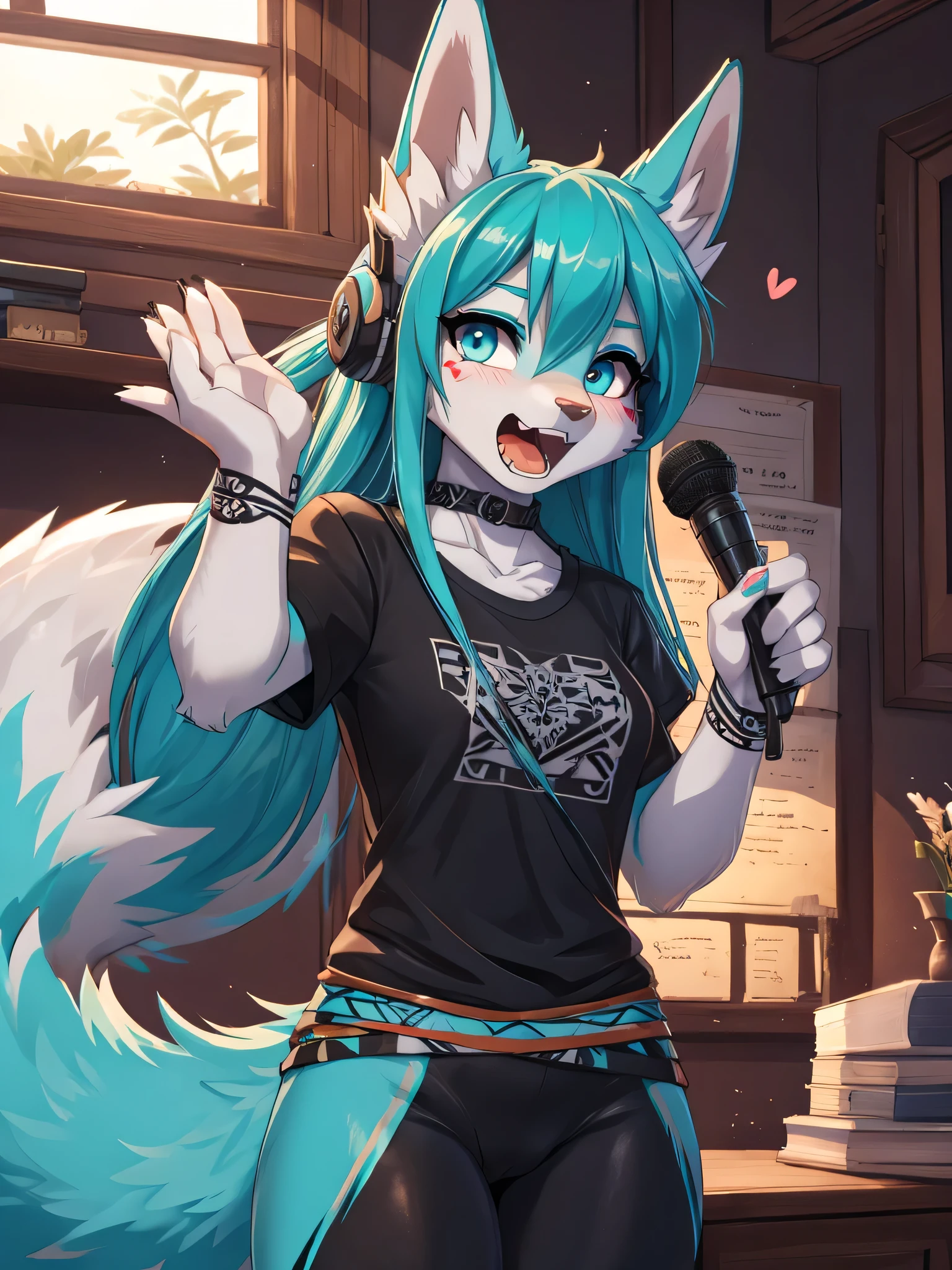 Miku Hatsune, high definition add_detail:1, blue fur,kitsune ears, tribal tattoo add_detail:1 cute high school clothes, pretty girl add_detail:3 18 year old girl, short black lycra, black metal t shirt, flirty look add_detail:3, hands rock sign, shouting add_detail:1, singing girl, screaming girl