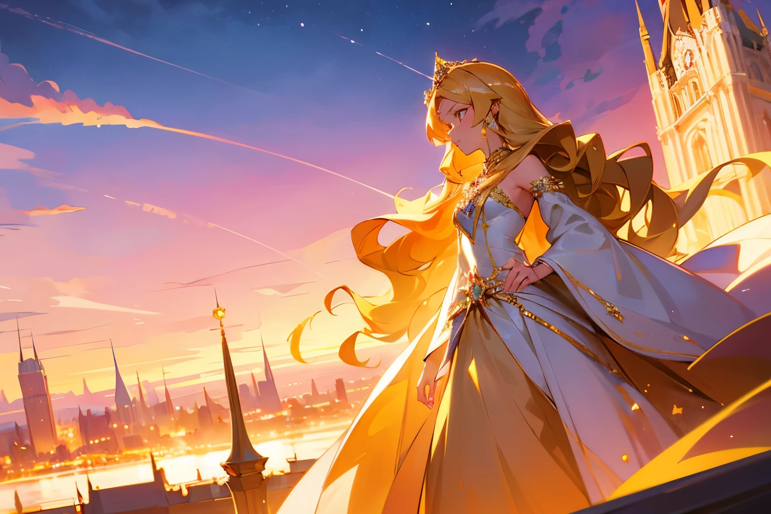 A young beautiful girl with a diamond tiara, long curly golden hair, wearing a gradient evening dress, with a diamond ring on her finger, looking into the distance at a 45-degree angle. Royal castle, brilliant sky, anime style, high resolution, stunning, masterpiece.