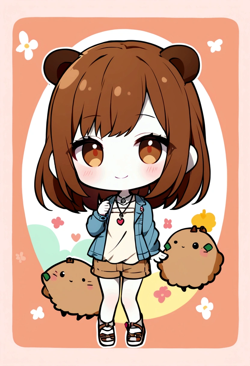 Pale skin, capybara ears, brown hair, brown eyes, staring at the viewer, smiling, casually dressed, lovely, chibi.