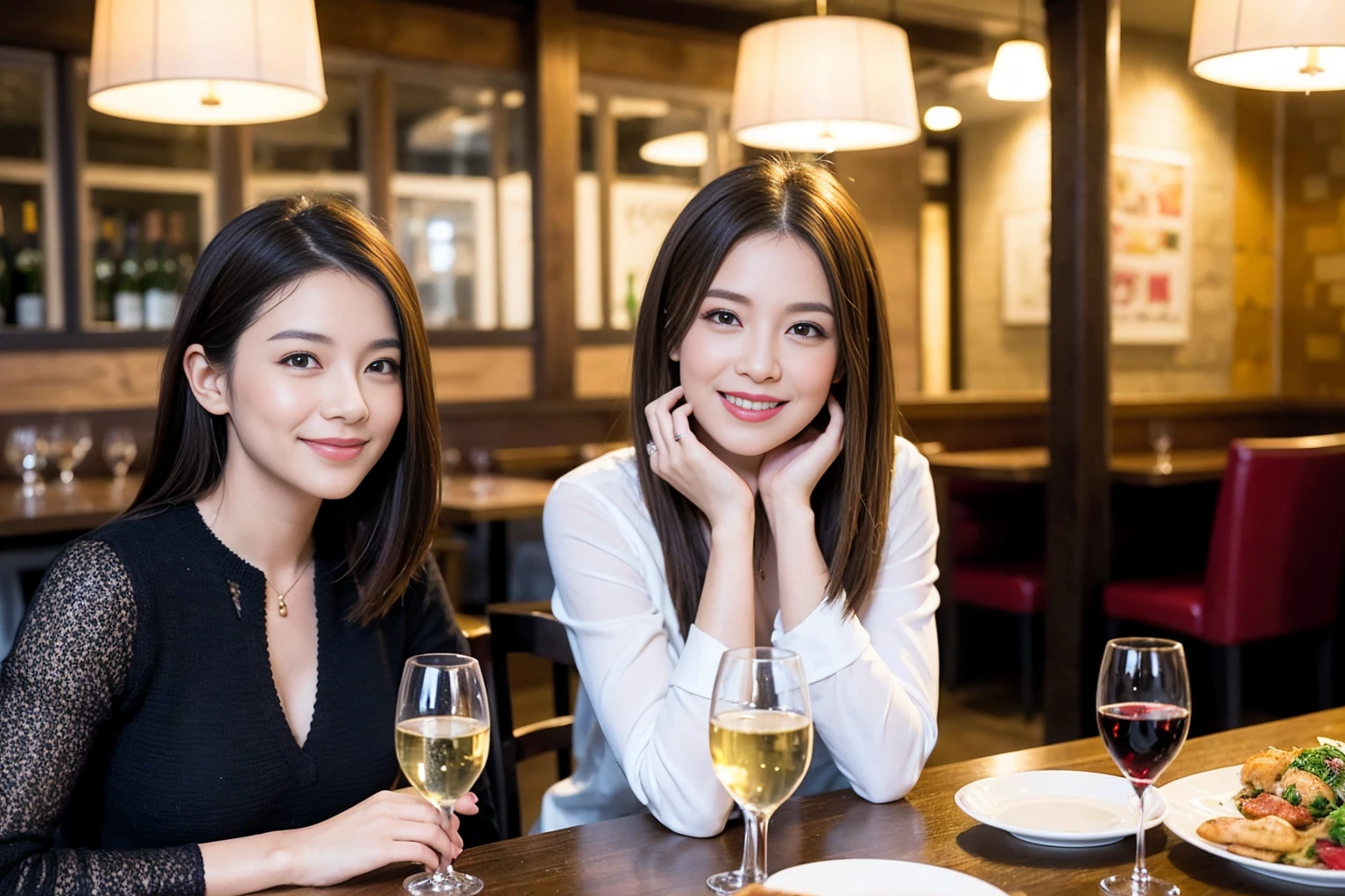 ((Highest quality、、masterpiece:1.3))、1 male 1 female、Slim lover、model、Beautiful couple、Smile、full-course dinner、 (Slim face), (the body is スリム), (Brown Hair), (Shortcuts), ((Bob Hale、Straight hair:1.2)), テーブルの上のwine glass、Shine light on your face、 Amazing view of the sunset sky and clouds、The beauty of a smile、Bright image、Blushing, Shortcuts, (Age 35), 39 years old, Appetizers、Italian food、Wine bottle、Champagne、sparkling wine、Long sleeve shirt、dress、Attractive beauty、restaurant, Nova Frog Style, actress, model, Upper Body, White wine, red wine, wine glass,