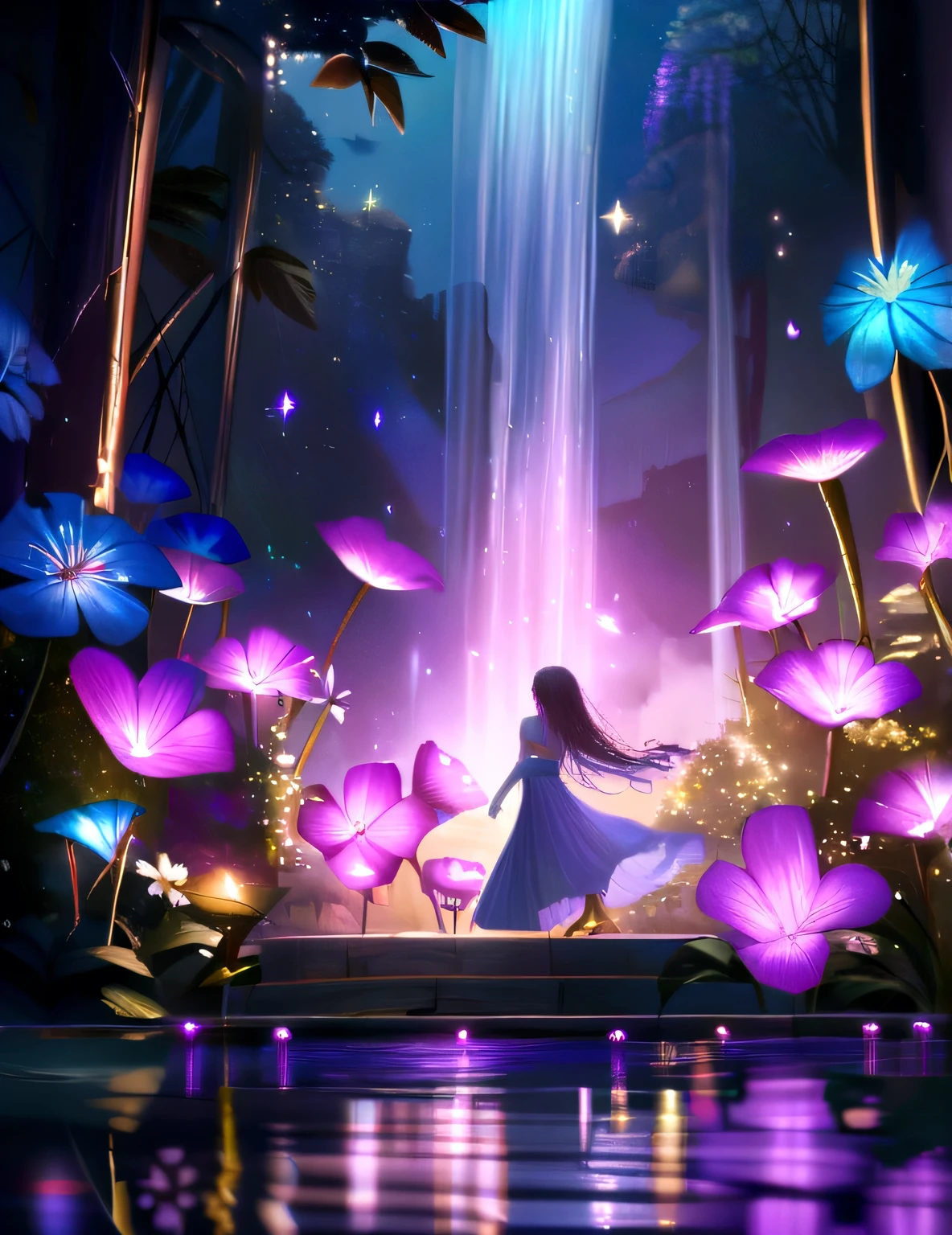 A shimmering purple|pink|blue waterfall amongst strange magical flowers, night time, sparkling fairy lights, magical, high quality a fairyland waterfall, realistic water, ripples, 8k
