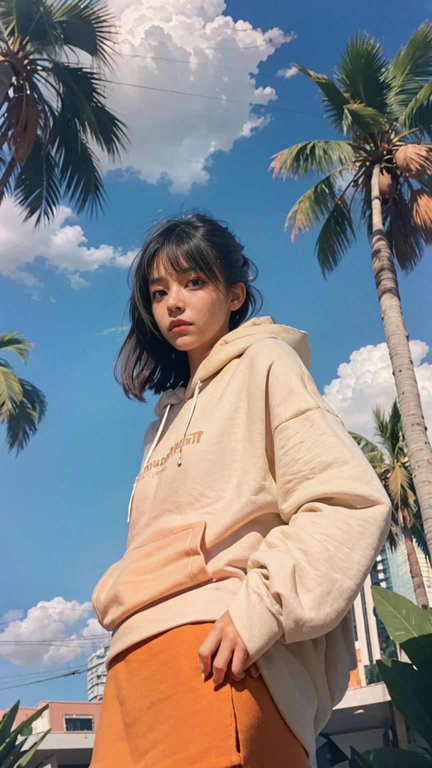 ((long shot photography)) ((best quality)), ((masterpiece)), (detailed),upper body,close-up, 8k, RAW photo,1 girl,real polaroid photo, beautiful, ultra-realistic,detail face ,light leak,dark intens shadow ,(black pixie hairstyles), almond eye, no makeup, (((blank orange oversized_hoodie))), (purple color tenis skirt),the scene takes in front on Lincoln Road Miami, (very detailed:1.1),(from below:1.2), (realistic:1.1), (surreal:1.2),palm trees,sunny,summer, blue sky