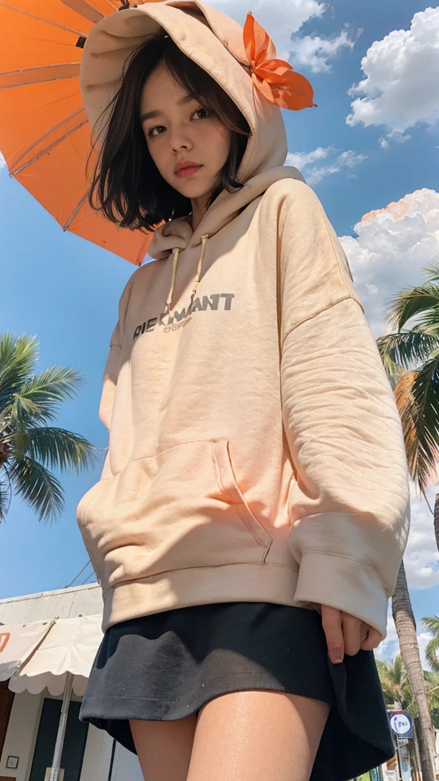 ((long shot photography)) ((best quality)), ((masterpiece)), (detailed),upper body,close-up, 8k, RAW photo,1 girl,real polaroid photo, beautiful, ultra-realistic,detail face ,light leak,dark intens shadow ,(black pixie hairstyles), almond eye, no makeup, (((blank orange oversized_hoodie))), (purple color tenis skirt),the scene takes in front on Lincoln Road Miami, (very detailed:1.1),(from below:1.2), (realistic:1.1), (surreal:1.2),palm trees,sunny,summer, blue sky