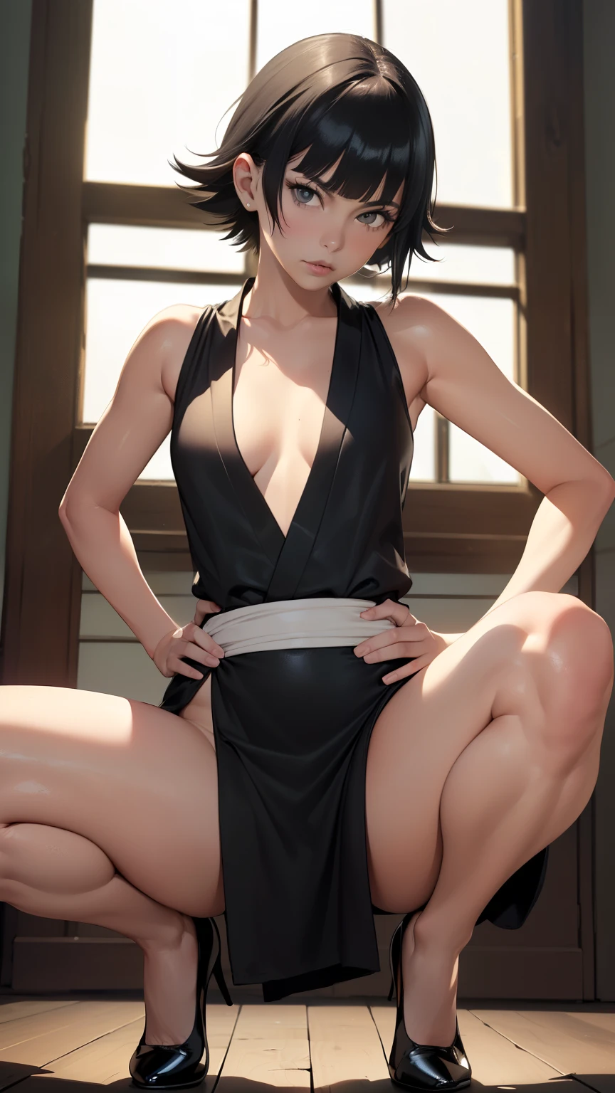 (masterpiece, best quality:1.2),((photoreal:1.1)),perfect anatomy,((solo:1.5)), ((alone:1.5)),((1 middle age woman:1.5)),perfect eyes, Sui Feng,Soi fon,((looking at viewer:1.4)),((horizontal angle)),((straight-on:1.4)),((view from front:1.4)),shooting from front,lighting to face,((small breasts:1.5)),(sagging small breasts),((Piutuary small breasts)),(muscular:1.3),((do not hide your crotch:1.4)),(cod lips),((squatting:1.3)),((spreading your legs wide:1.3)),(holding your head high),((hands on your hip bone:1.4)),delicate and beautiful,((flipped hair:1.4)),((hime-cut:1.3)),((bare arms:1.4)),((bare legs:1.4)),((latex long dress1.2)),((sleeveless kimono dress:1.4)),high heel