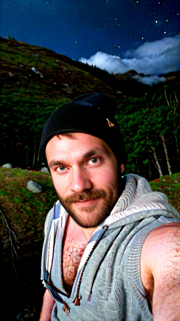 Real photograph, photo of attractive 30yo man, selfie, upper body, solo, wearing pullover, outdoors, (night), mountains, real life nature, nebula and stars, moon, cheerful, happy, sweater, beanie, forest, rocks, river, wood, muscular hairy chest, hairy pubic, fog, staring at camera, skin texture, photo grain, close up, RAW photo