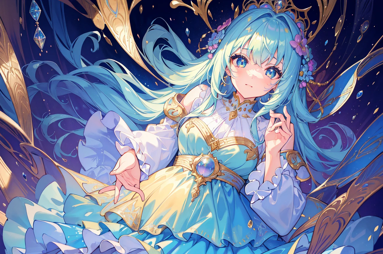 masterpiece, best quality, 8k resolution, sharp focus, intricate detail, beautiful girl, sparkling eyes, golden ratio face, otherworldly liquid, watercolor, pastel colors, bright colors, whimsical, colorful, sharp focus, high resolution, fine detail, ((layered tiered puffy long sleeves ballgown)), ((round eyes)), iridescent bubbles, fantasia background