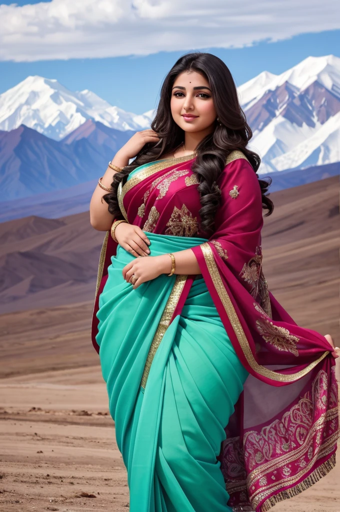 1 Heavenly beautiful and goddess beauty cute and sweet looking face Arabian woman in front of Denali mountain, Heavenly beautiful Overweight, Heavenly beautiful Extremely fat, Heavenly beautiful and attractive Chubby figure , Heavenly beautiful looking and eye catching luxury style saree , reaching out, Heavenly beautiful Arabian woman, 16k, High resolution, masterpiece, highest quality, fine skin, close up figure view, Realistic Photograph