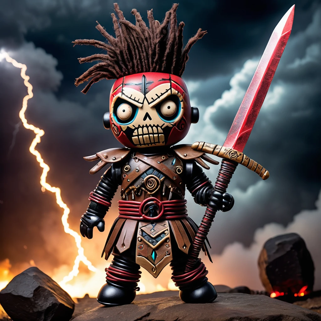 (knitted toy voodoo doll:1.7), (Voodoo Dreadful Warrior:1.8), (Clothing: intimidating armor with ancient symbols:1.0), (Accessories: colossal sword, dark shield, ominous battle standard:1.2), (Background: battlefield shrouded in storm clouds and crackling lightning:1.2), (full body:1.0), best quality, masterpiece, detailed soft oil painting, detailed background, dramatic cinematic lighting, soft edge lighting, professional, dramatic lighting, hard edge lighting, ultra quality, 4k, masterpiece, best quality, 8k, ultra high definition, high resolution, extremely detailed