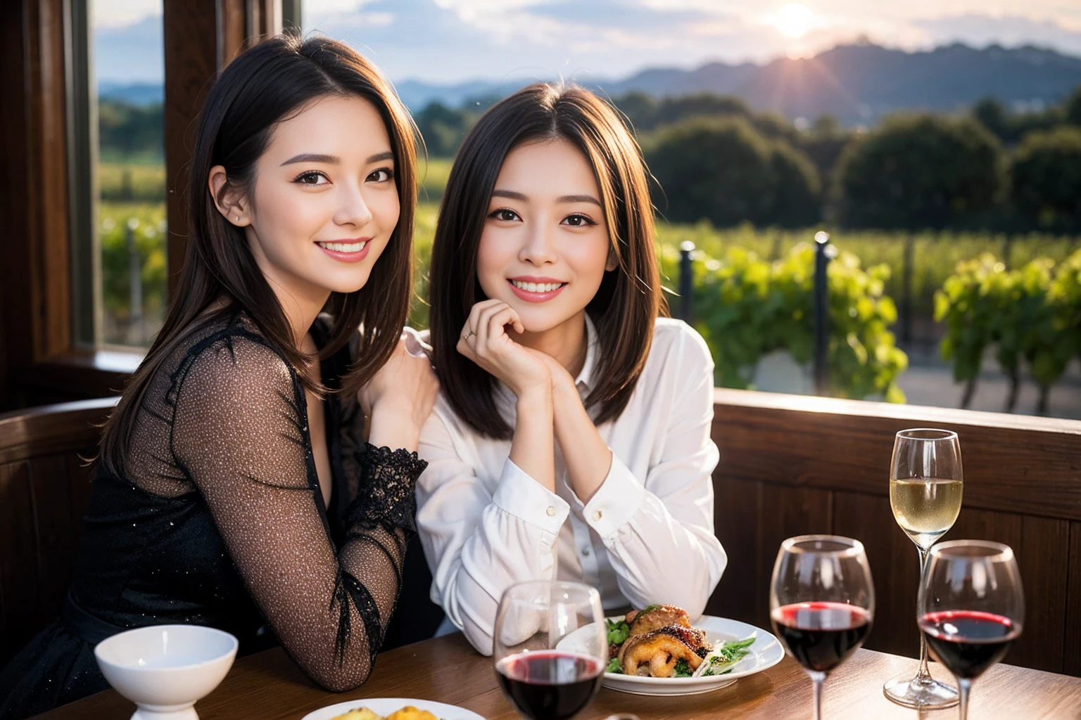 ((Highest quality、8K、masterpiece:1.3))、1 male 1 female、Slim lover、actress、Beautiful couple、Smile、full-course dinner、 (Slim face), (the body is スリム), (Brown Hair), (Shortcuts), ((Bob Hale、Straight hair:1.2)), テーブルの上のwine glass、Shine light on your face、 Amazing view of the sunset sky and clouds、The beauty of a smile、Bright image、Blushing, Shortcuts, (Age 35), 39 years old, Appetizers、Italian food、Wine bottle、Champagne、sparkling wine、Long sleeve shirt、dress、Attractive beauty、restaurant, Nova Frog Style, actress, model, Upper Body, White wine, red wine, wine glass,