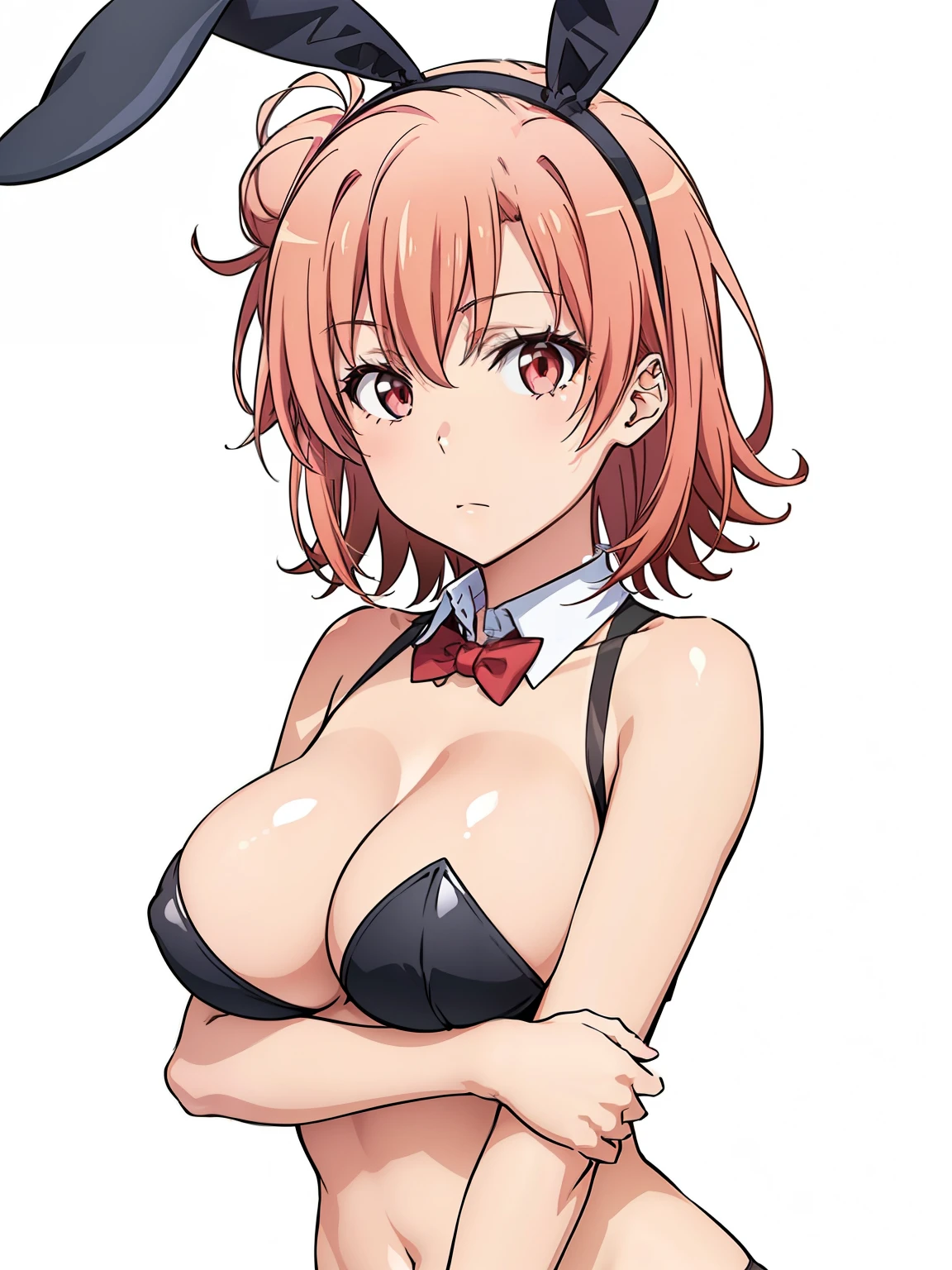 ((masutepiece, Best Quality, hight resolution, nffsw, Perfect Pixel, depth of fields, 4K, )), 1girl in, Solo, , Beautiful anime girl, Beautiful Art Style, close up, Looking at Viewer, Perfect body, Yuigahama Yui, Short hair, pink hair, hairbun, (large boob), cleavage, black playboy bunny, red bowtie, hugging, blank white background, cowboy shot, sun tanned skin, gyaru, tan lines, brown skin