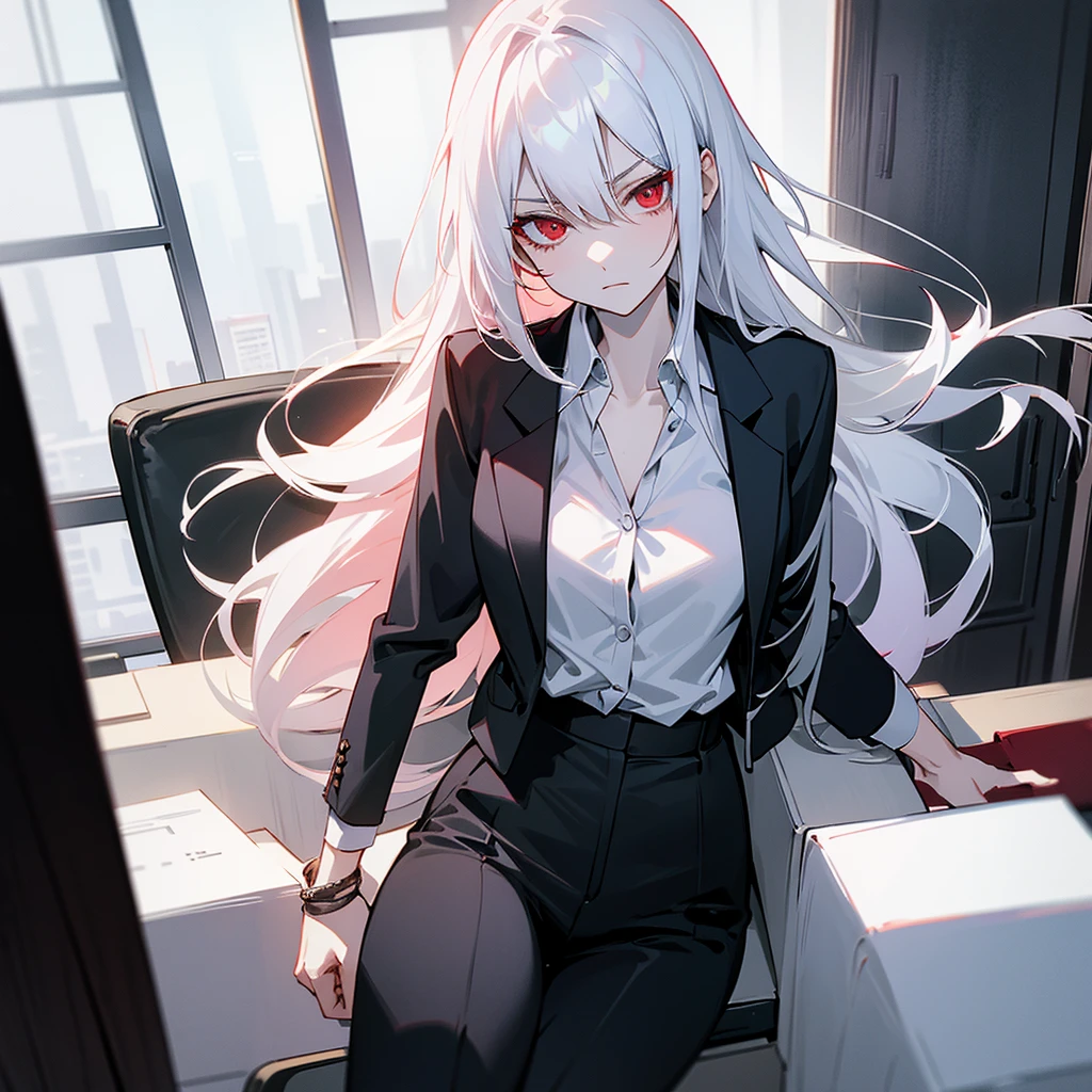 Black blazer, white buttoned blouse, black pants. A dimly lit office. Serious expression sitting in an office chair. Long white hair, red eyes, slim and pale skin. Red eyes and pale skin. Beautiful illustration, anime style.