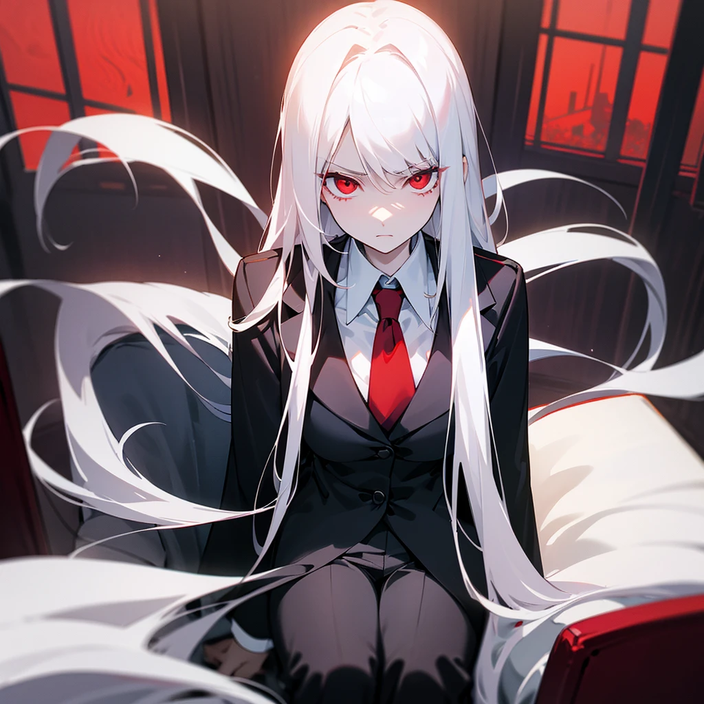 Black blazer, white buttoned blouse, black pants. A dimly lit office. Serious expression sitting in an office chair. Long white hair, red eyes, slim and pale skin. Red eyes and pale skin. Beautiful illustration, anime style.