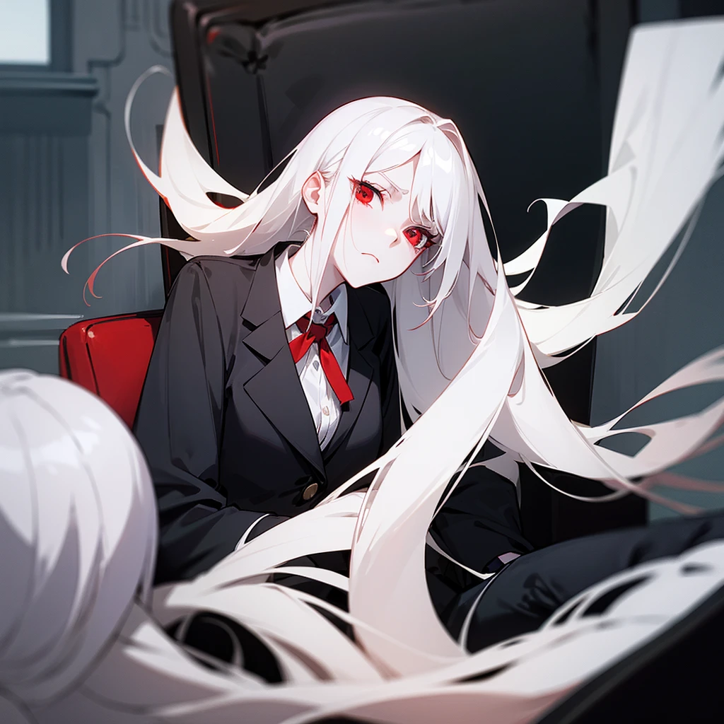 Black blazer, white buttoned blouse, black pants. A dimly lit office. Serious expression sitting in an office chair. Long white hair, red eyes, slim and pale skin. Red eyes and pale skin. Beautiful illustration, anime style.