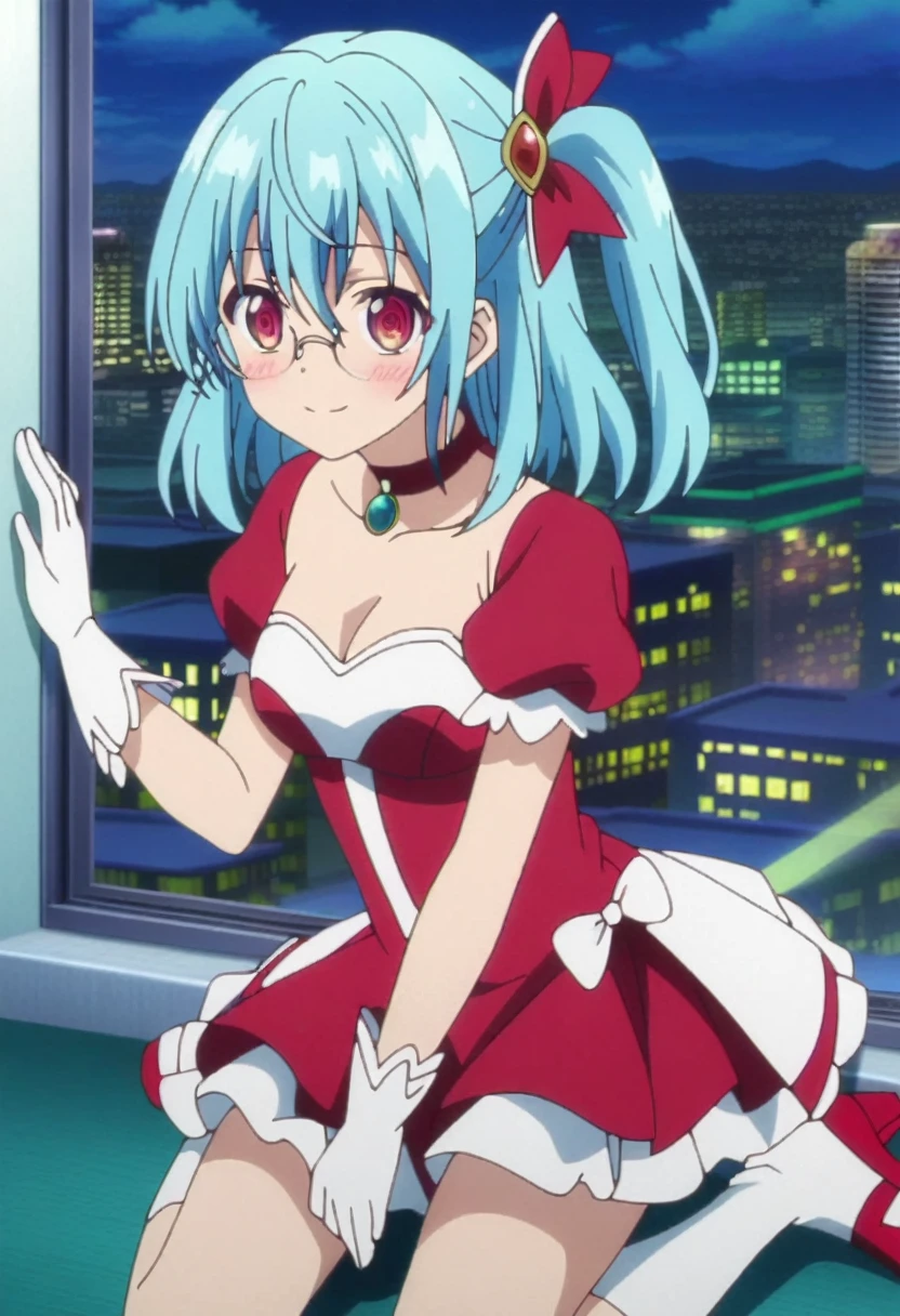score_9, score_8_up, score_7_up, score_6_up, source anime BREAK, anime screencap, 1girl, solo, (red eyes:1.5), detailed eyes, light blue hair, medium hair, one side up , bangs, hair between eyes, hair ribbons, red dress, magical girl dress, short sleeves, strapless, choker, white gloves, glasses, white boots, thighs, medium breasts, blush, smile, sexy, collarbone, cleavage, ((cowboy shot)), ((from front)), window, city, sky, clouds, night, (wariza), (looking at viewer:1.0)