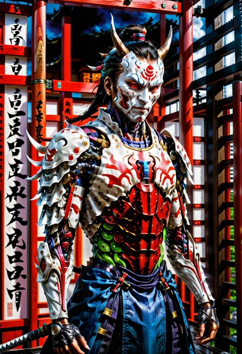 (demon samurai)、(Wearing a demon mask)solo man, glowing red eyes、Like the whole body、(cyborg Armed with a long sharp knife)、Stand facing the front,magnificent artwork、((Kyoto Panel Painting Style))、Wind-effect:1.9、Cloud Effects:1.2、Full Rendering、Encaustic Painting,unrealengine,