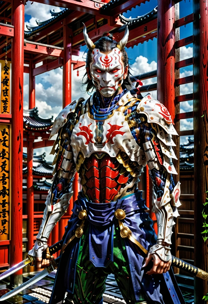 (demon samurai)、(Wearing a demon mask)solo man, glowing red eyes、Like the whole body、(cyborg Armed with a long sharp knife)、Stand facing the front,magnificent artwork、((Kyoto Panel Painting Style))、Wind-effect:1.9、Cloud Effects:1.2、Full Rendering、Encaustic Painting,unrealengine,