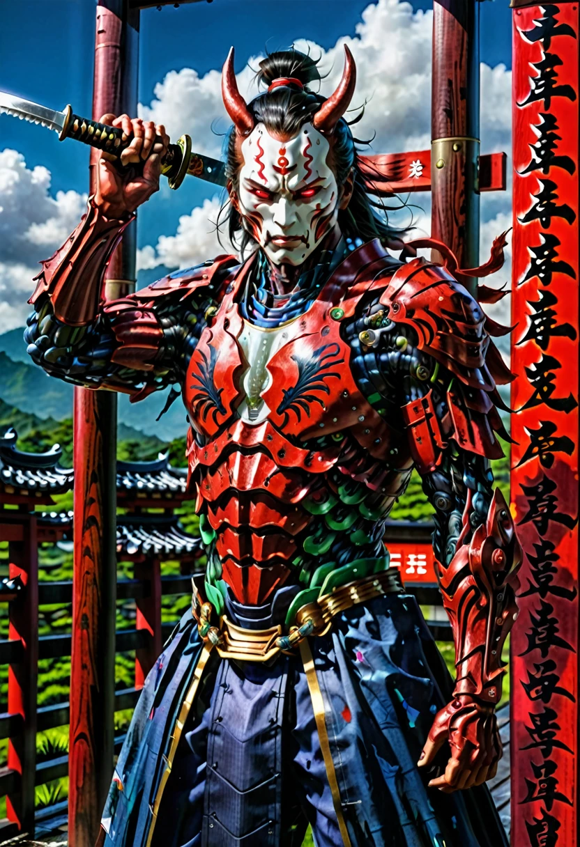 (demon samurai)、(Wearing a demon mask)solo man, glowing red eyes、Like the whole body、(cyborg Armed with a long sharp knife)、Stand facing the front,magnificent artwork、((Kyoto Panel Painting Style))、Wind-effect:1.9、Cloud Effects:1.2、Full Rendering、Encaustic Painting,unrealengine,