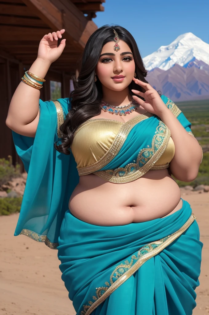 1 Heavenly beautiful and goddess beauty cute and sweet looking face Arabian woman in front of Denali mountain, Heavenly beautiful Overweight, Heavenly beautiful Extremely fat, Heavenly beautiful and attractive Chubby figure , Heavenly beautiful looking and eye catching luxury style saree , reaching out, Heavenly beautiful Arabian woman, 16k, High resolution, masterpiece, highest quality, fine skin, close up figure view, Realistic Photograph