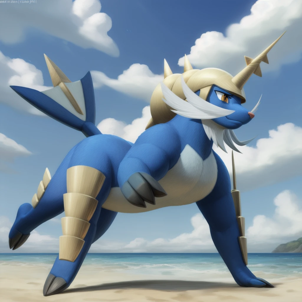 samurott, orange eyes, (pose:1.3), (posing:1.3), (soft shading), 4k, hi res, five fingers, detailed hands, ((detailed face, (detailed eyes:1.3), detailed)), (full body), by zackarry911, by zaush, (by personalami:0.5), solo, closed mouth, standing, full body, weapon, outdoors, sky, day, cloud, blue sky, no humans, ocean, helmet, feral, on all fours,