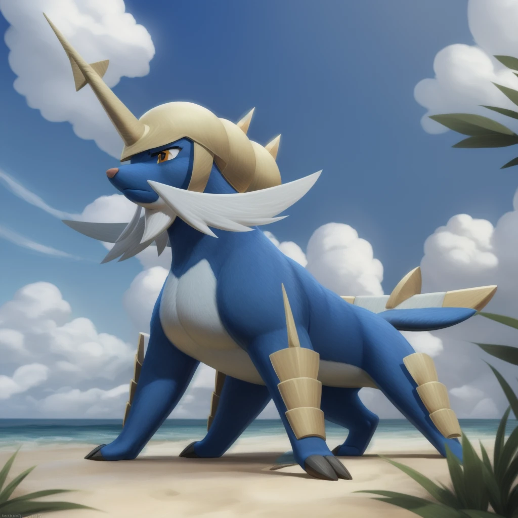 samurott, orange eyes, (pose:1.3), (posing:1.3), (soft shading), 4k, hi res, five fingers, detailed hands, ((detailed face, (detailed eyes:1.3), detailed)), (full body), by zackarry911, by zaush, (by personalami:0.5), solo, closed mouth, standing, full body, weapon, outdoors, sky, day, cloud, blue sky, no humans, ocean, helmet, feral, on all fours,