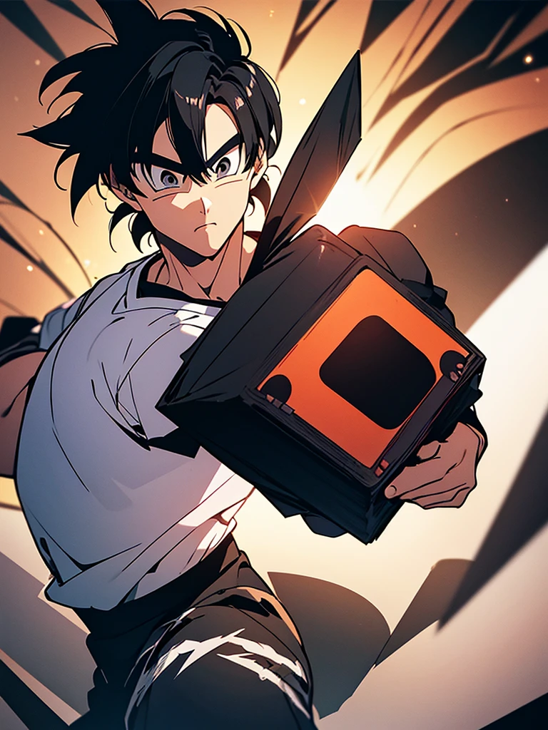 An adult boy, black hair, black eyes, designed in the style of Dragon Ball Z, holding a black photo in a space environment.