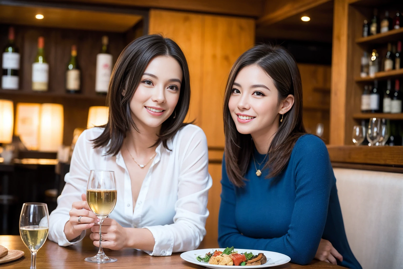 ((Highest quality、、masterpiece:1.3))、1 male 1 female、Slim lover、Beautiful couple、Smile、full-course dinner、 (Slim face), (the body is スリム), (Brown Hair), (Shortcuts), ((Bob Hale、Straight hair:1.2)), テーブルの上のwine glass、Shine light on your face、 Amazing view of the sunset sky and clouds、The beauty of a smile、Bright image、Blushing, Shortcuts, (43 years old), 39 years old, Appetizers、Italian food、Wine bottle、Champagne、sparkling wine、Long sleeve shirt、dress、Attractive beauty、restaurant, Nova Frog Style, actress, model, Upper Body, White wine, red wine, wine glass,