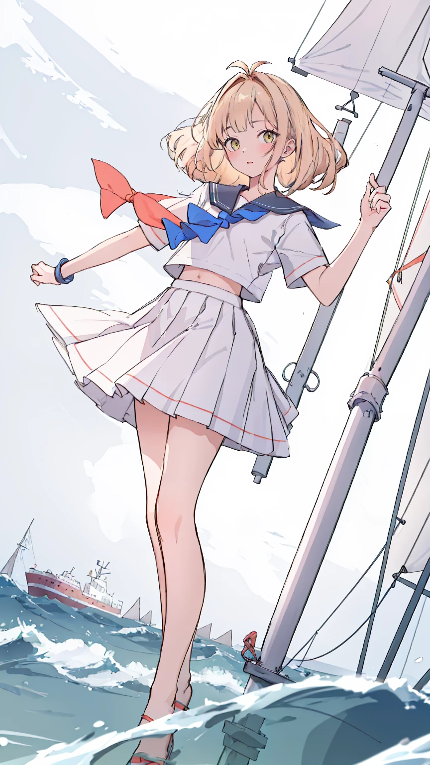 (masterpiece,best quality,absurdres),1girl,solo,looking at viewer,dynamic_angle,colorful, antenna hair,Sailor,navigation,ship,cutlass,sailing 
