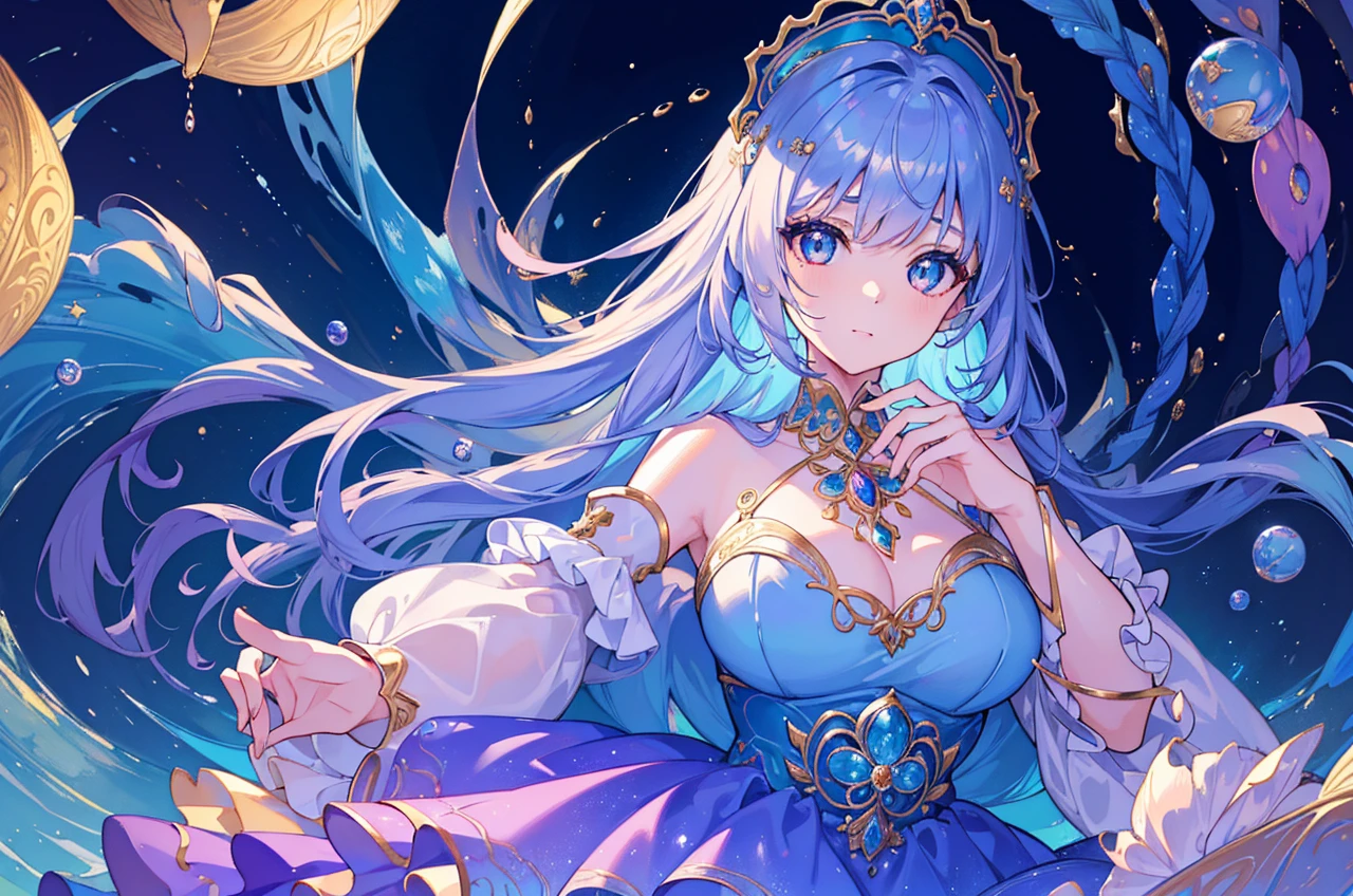 masterpiece, best quality, 8k resolution, sharp focus, intricate detail, beautiful girl, sparkling eyes, golden ratio face, otherworldly liquid, watercolor, ((pastel colors)), bright colors, whimsical, colorful, sharp focus, high resolution, fine detail, princess fantasy ballgown, ((round eyes)), iridescent bubbles, castle landscape in background