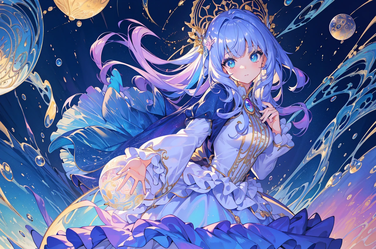 masterpiece, best quality, 8k resolution, sharp focus, intricate detail, beautiful girl, sparkling eyes, golden ratio face, otherworldly liquid, watercolor, pastel colors, bright colors, whimsical, colorful, sharp focus, high resolution, fine detail, ((layered tiered puffy long sleeves ballgown)), ((round eyes)), iridescent bubbles, fantasia background