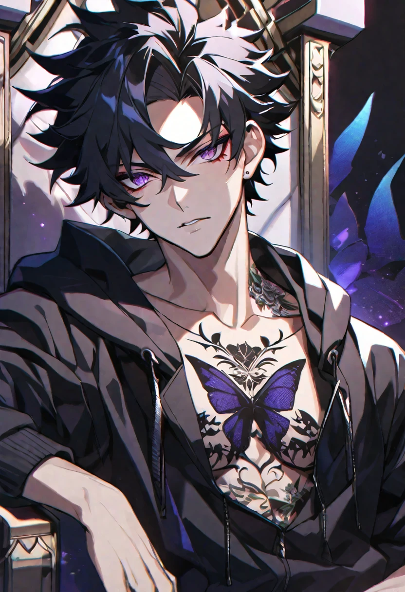 solo, handsome, Glossy feel,
1. male,
bangs,Straight Hair, ponytail,
black hair,
Izuku Midoriya,
purple Eyes,Soft look,beautiful,beautiful,Sexy,Darkness,butterfly Tattoo,black Rose Tattoo,devil,
black オーバーサイズ hoodie,clavicle,
skin,Black Rose,Alluring,Sexy,
throne,
black background,Close-up,