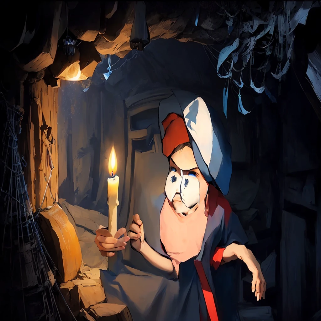 boy with a blue and white cap, holding a candle, a red shirt, in a dark cave