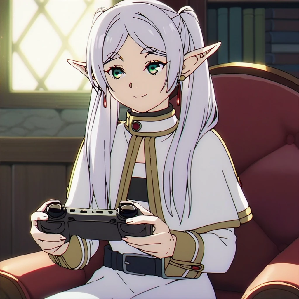 1girl, sfrieren, solo, elf, pointy ears, silver hair, white hair, green eyes, small breasts, flat chest, BREAK
robe, black pantyhose, brown boots, belt, capelet, upper body, closed mouth, smile, sitting, BREAK
holding a videogame controller, holding, sit, sitting on a puff, puff, BREAK
score_9, score_8_up, score_7_up, score_6_up, anime,
(high quality, detailed, beautiful), shiny, detailed beautiful eyes, outstanding, countershading, detailed soft lighting