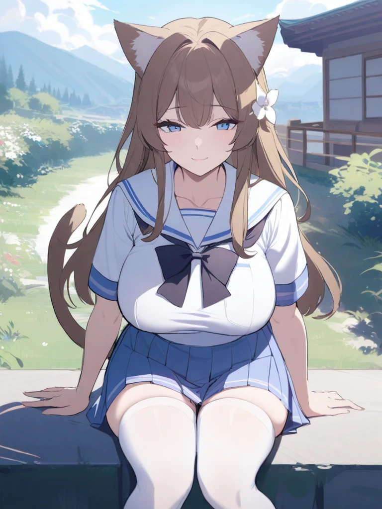 masterpiece, best quality, high quality, beautiful anime character, solo, anime girl with brown hair, long hair, cat ears, blue eyes, big breasts, mature female, big girl, light smile, outdoors, almost full body, (sailor uniform, ribbon, pleated skirt), white thighhighs, (flower on head), sitting, (long cat tail), fluffy hair, (thick hips),