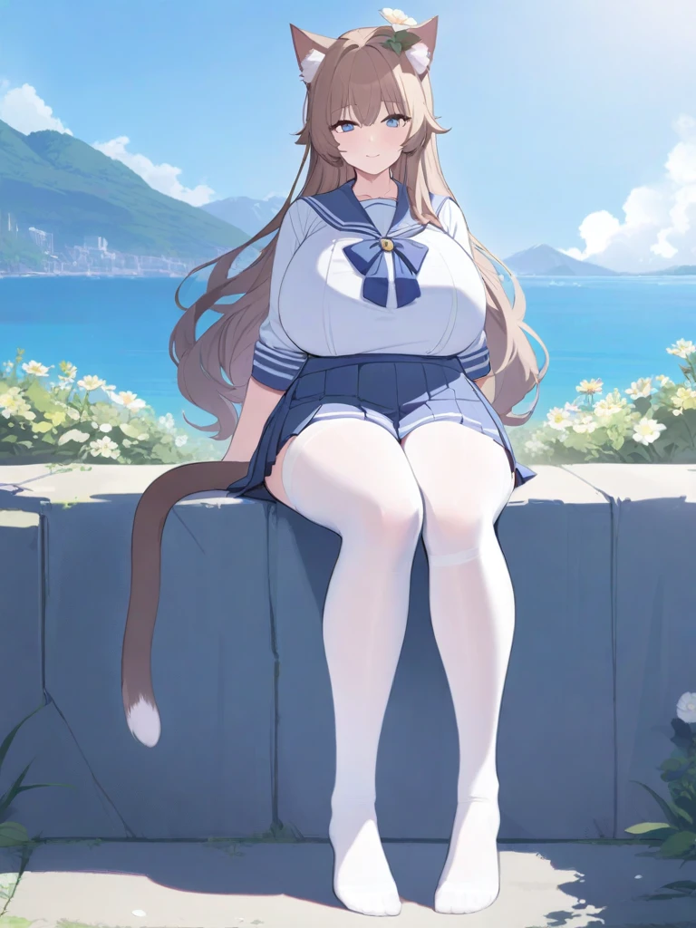 masterpiece, best quality, high quality, beautiful anime character, solo, anime girl with brown hair, long hair, cat ears, blue eyes, big breasts, mature female, big girl, light smile, outdoors, almost full body, (sailor uniform, ribbon, pleated skirt), white thighhighs, (flower on head), sitting, (long cat tail), fluffy hair, (thick hips),