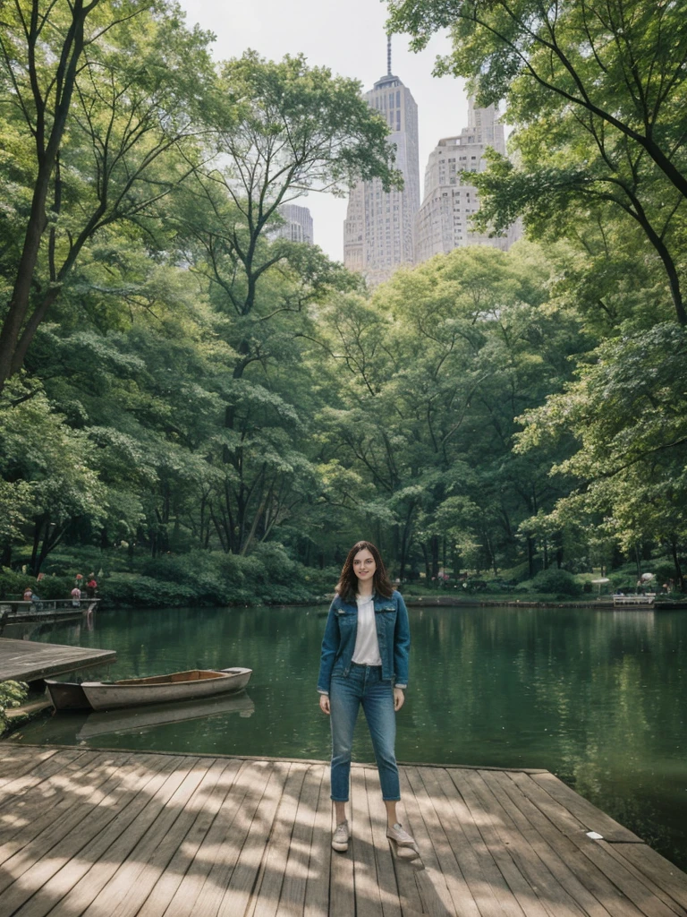 her name is Elle, high quality, 1girl, ((20-year-old fit Caucasian woman)), ((20 years old)), ((fit)), ((pale skin)), short length straight dark hair , wearing Deconstructed Denim Jacket + High-Waisted Utility Cargo Pants, pose: standing, background: Write about the tranquil setting of Central Park in New York City, where paths wind through lush greenery, rowboats glide across serene lakes, and skyscrapers peek through the trees.
