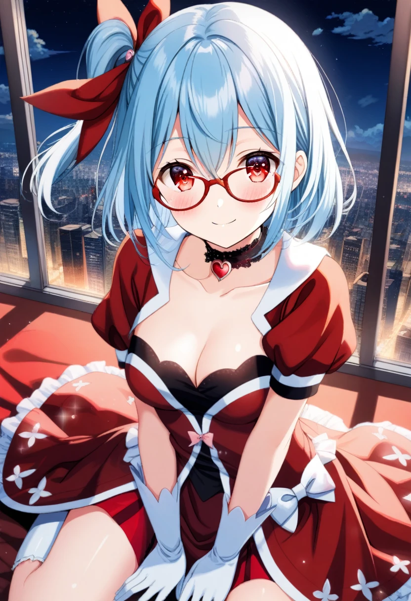 1girl, solo, (red eyes:1.5), detailed eyes, light blue hair, medium hair, one side up , bangs, hair between eyes, hair ribbons, red dress, magical girl dress, short sleeves, strapless, choker, white gloves, glasses, white boots, thighs, medium breasts, blush, smile, sexy, collarbone, cleavage, ((cowboy shot)), ((from front)), window, city, sky, clouds, night, (wariza), (looking at viewer:1.0)