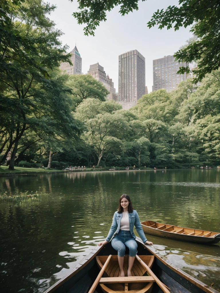 her name is Elle, high quality, 1girl, ((20-year-old fit Caucasian woman)), ((20 years old)), ((fit)), ((pale skin)), short length straight dark hair , wearing Deconstructed Denim Jacket + High-Waisted Utility Cargo Pants, pose: standing, background: Write about the tranquil setting of Central Park in New York City, where paths wind through lush greenery, rowboats glide across serene lakes, and skyscrapers peek through the trees.